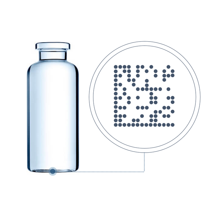 Frasco de vidro farmacêutico com código de matriz de dados para rastreamento e monitoramento 