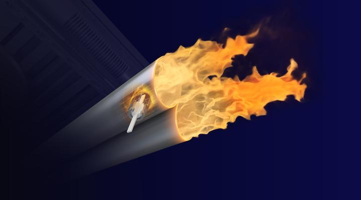 Diagram of two exhaust pipes with fire coming out, with embedded sensor
