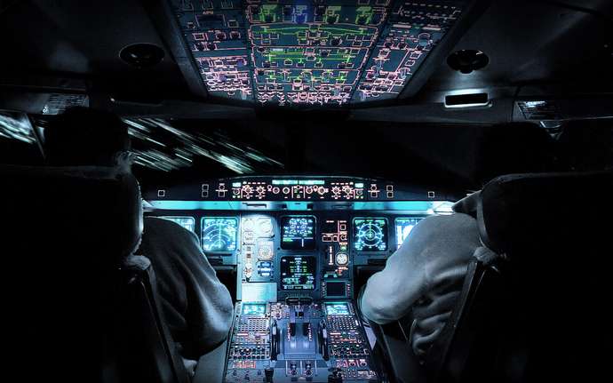 Interior of the cockpit of a commercial airplane