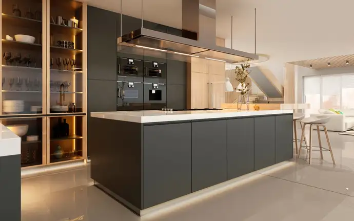 Modern luxury kitchen interior with matt dark cabinets, large island, integrated appliances, and warm ambient lighting.
