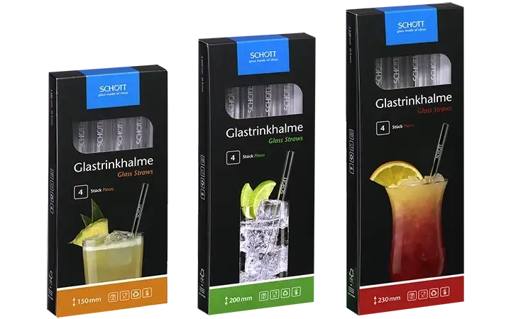Three four-packs of SCHOTT glass straws in different lengths