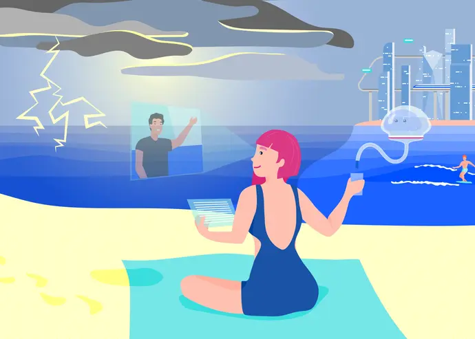Illustration woman on beach with futuristic media