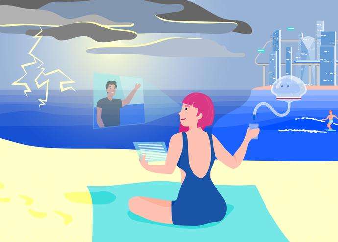 Illustration Frau am Strand mit futuristischen Medien