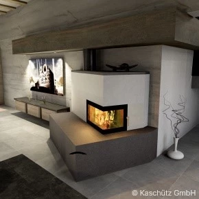 Indoor fireplace in modern kitchen with SCHOTT ROBAX® angular bent fire-viewing panel
