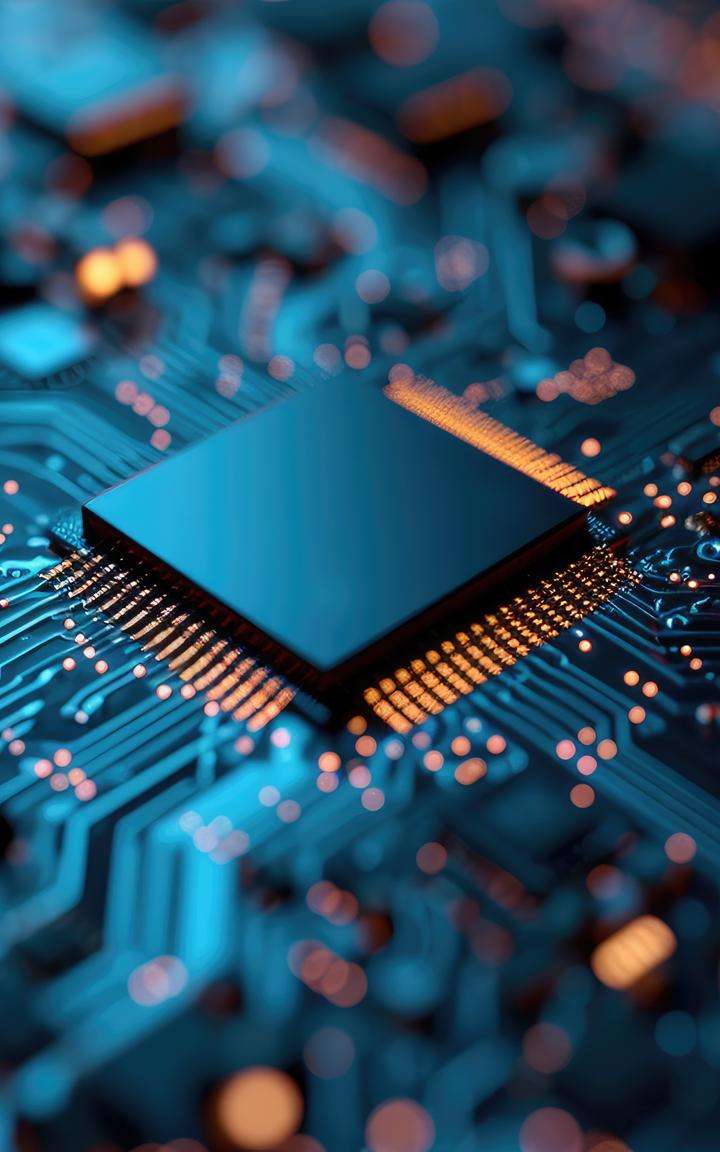 Square semiconductor chip in the middle of a circuit board