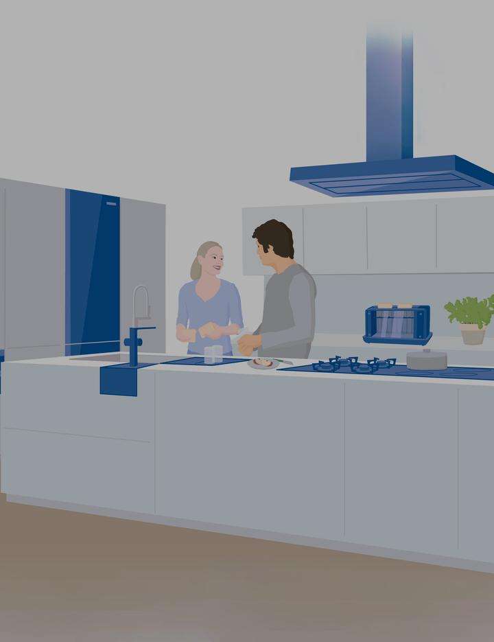 Illustration of a modern kitchen with a range of appliances	
