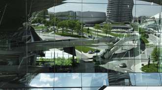 Reflection of the exterior wall of BMW Welt in Munich, Germany
