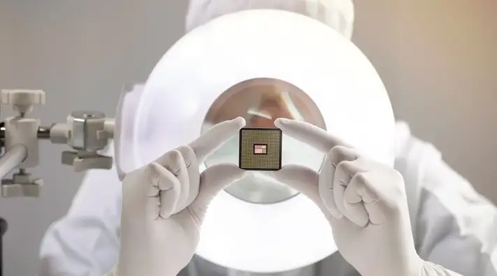 Scientist inspecting miniaturized glass-based