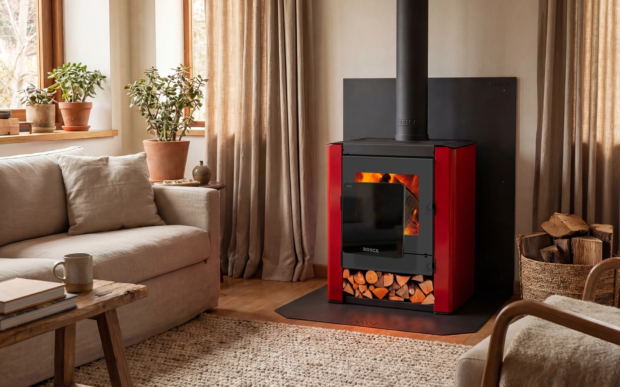 Wood fireplace Gold 500 from the black vision line by Bosca in a cozy living room.