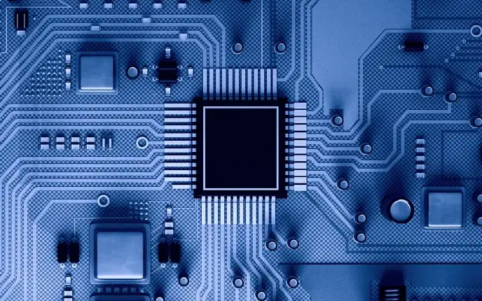 Blue circuit board with microchips