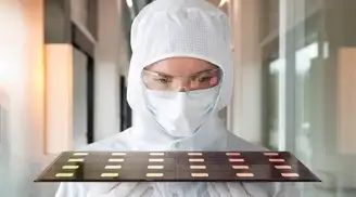 Scientist inspecting glass-based semiconductor packaging