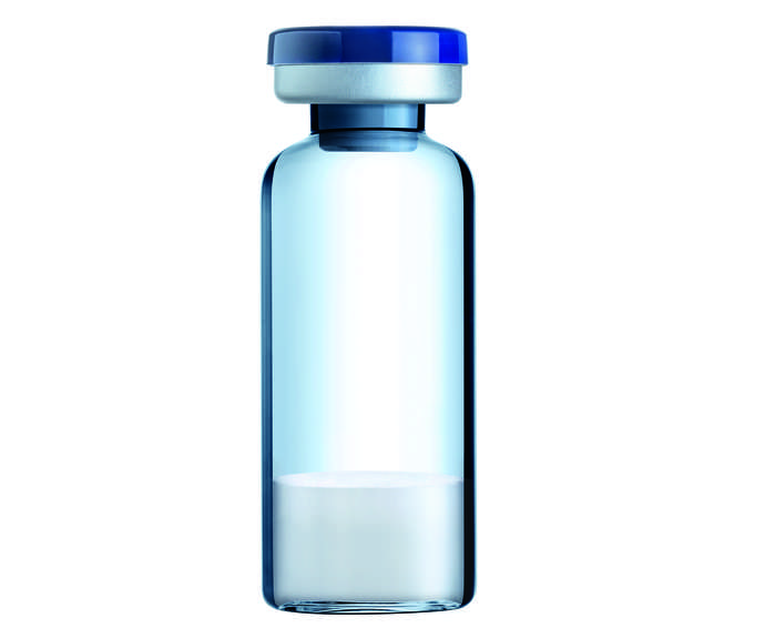 Clear glass vial with white powder inside