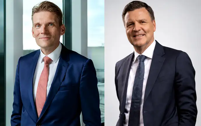 Two professionally dressed men, both in business suits, standing in portrait poses. Backgrounds differ between the two.