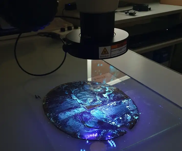 Stained Glass of a cathedral investigated with UV light