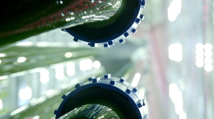 Close up of two blue couplings of the glass tubes of a photobioreactor