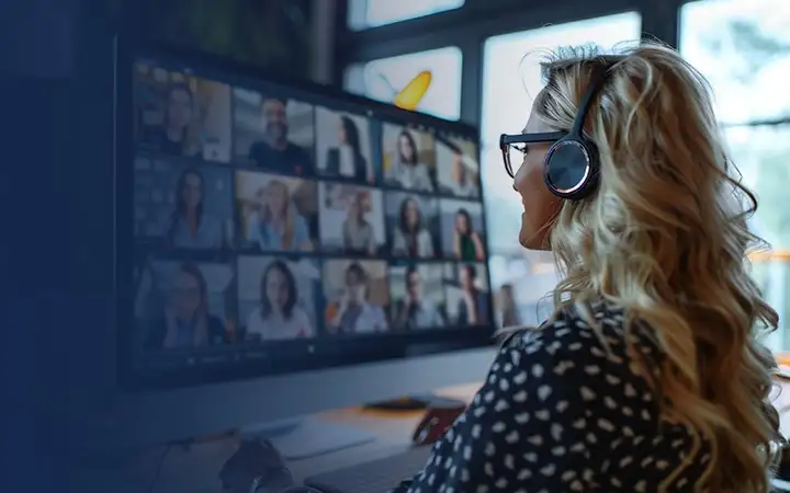 Women sitting infront of a screen and participating in a remote meeting