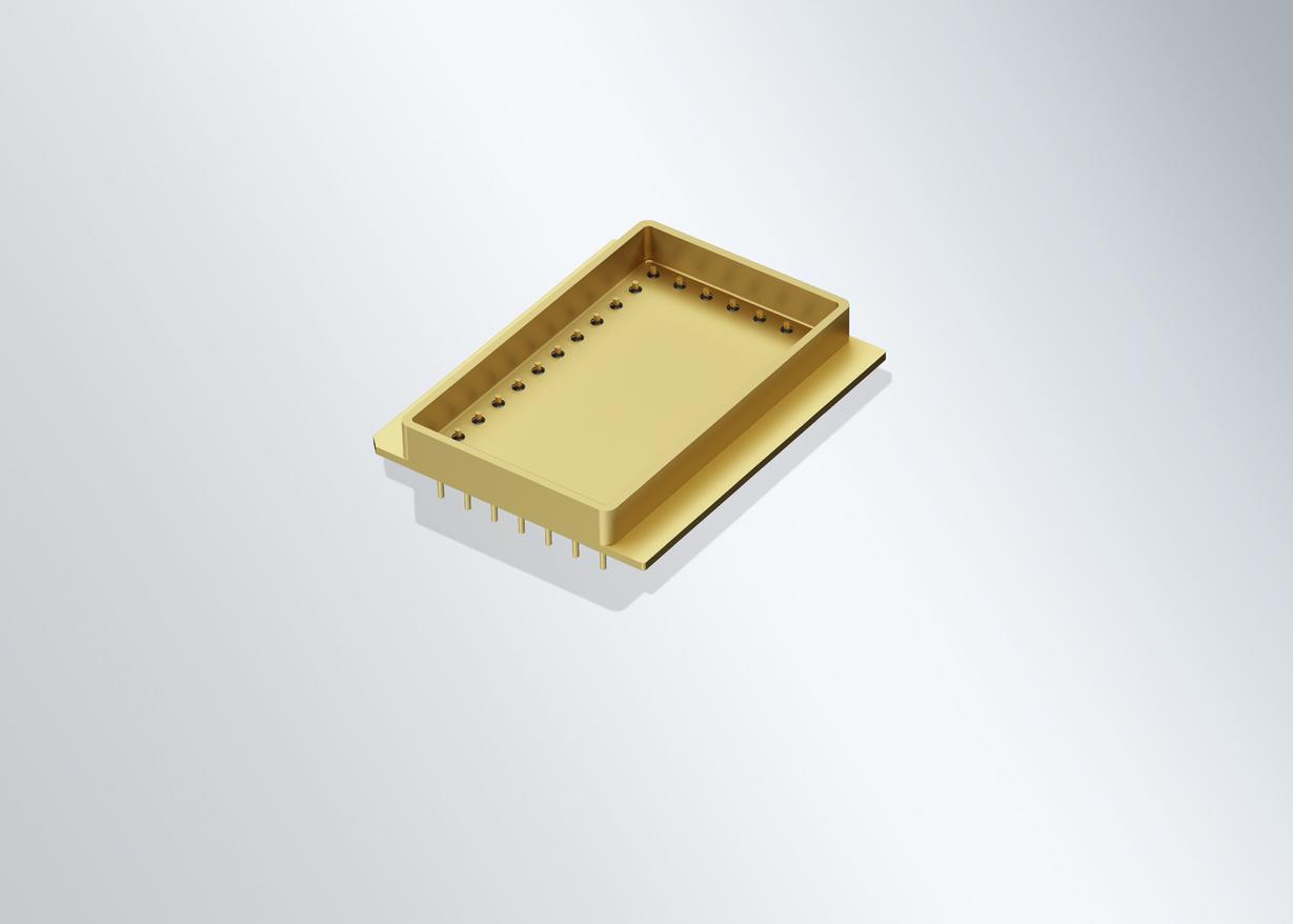 Ein Mikroelektronikgehäuse von SCHOTT vor einem weißen Hintergrund