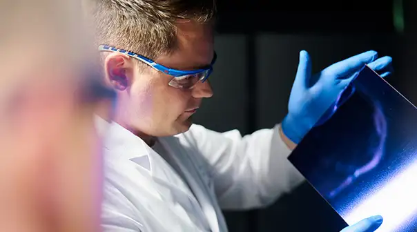 Eine Person im Labor hält mit Handschuhen eine glänzende Platte ins Licht.
