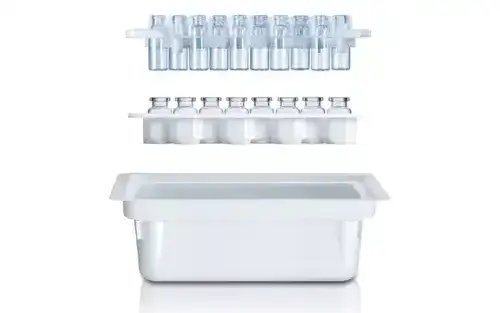 Quatro elementos do sistema SCHOTT adaptiQ® para frascos de vidro