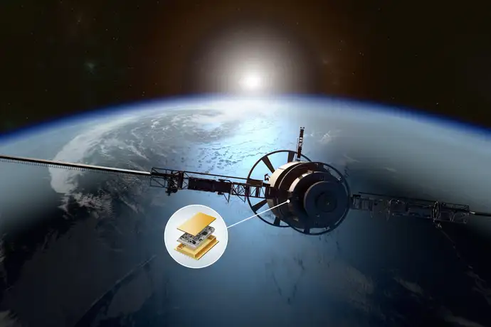 A satellite floats in space above the globe