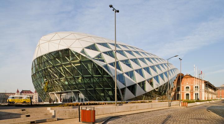 Exterior of an office building glazed with fire-resistant glass