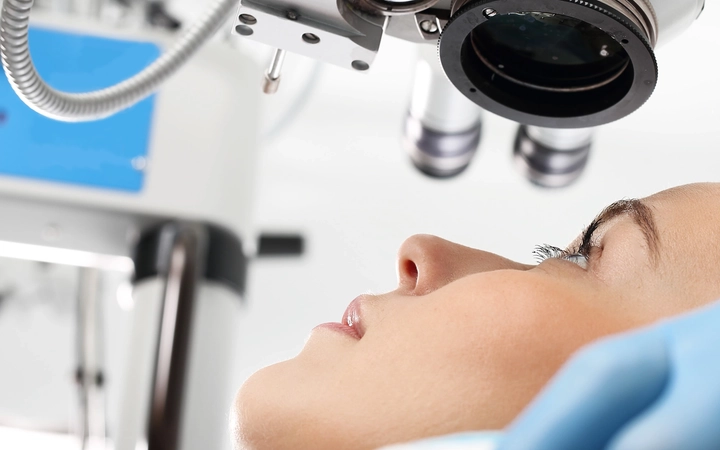 Female patient having eye examined by opthalmic equipment