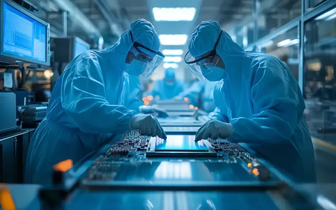 Two scientists in sterile suits inspect semiconductor production