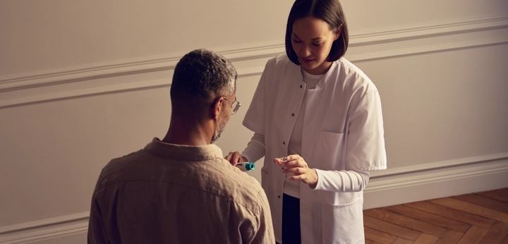 Healthcare professional examining a seated patient while holding a small medical device