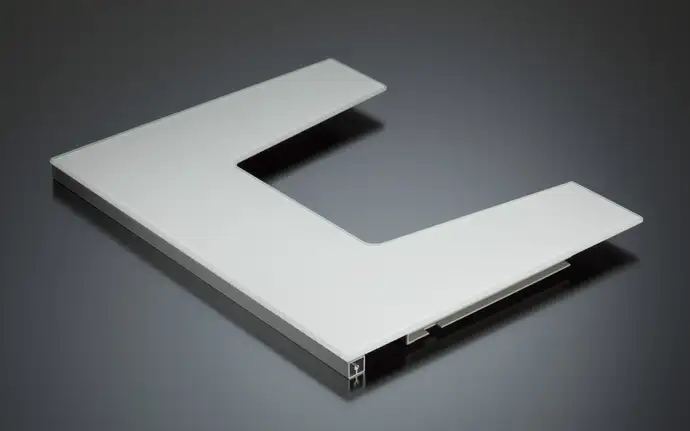 U‑shaped white glass front panel for fridges with aluminum mounting profile