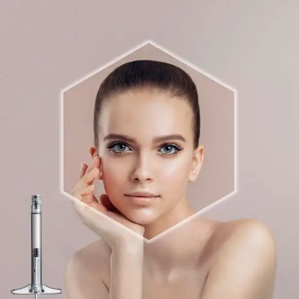 Head of a woman framed in a hexagon next to a polymer syringe