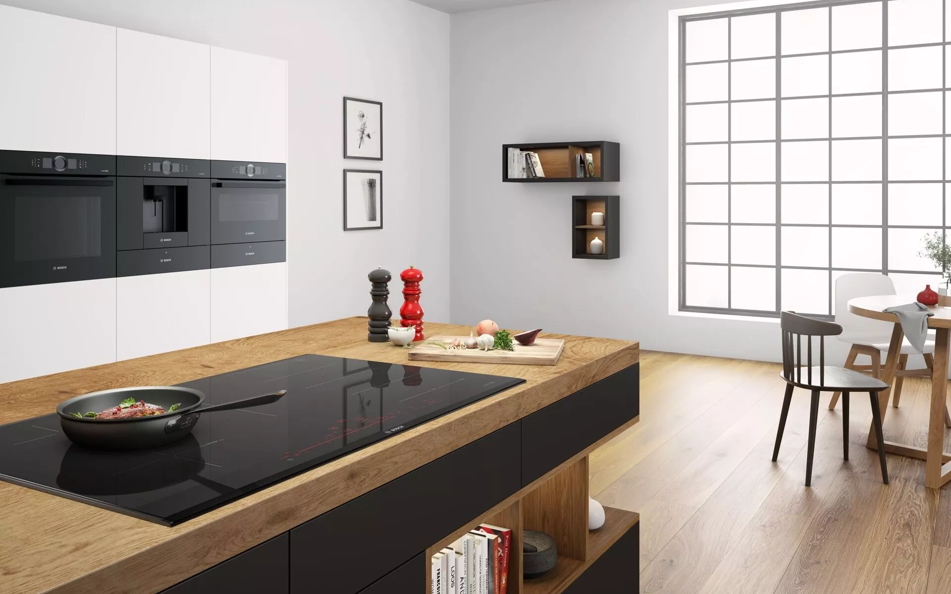 Cuisine blanche moderne avec plaque de cuisson en vitrocéramique SCHOTT CERAN Miradur®