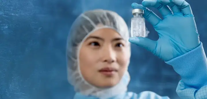 Female laboratory technician in protective clothing looking at a glass vial