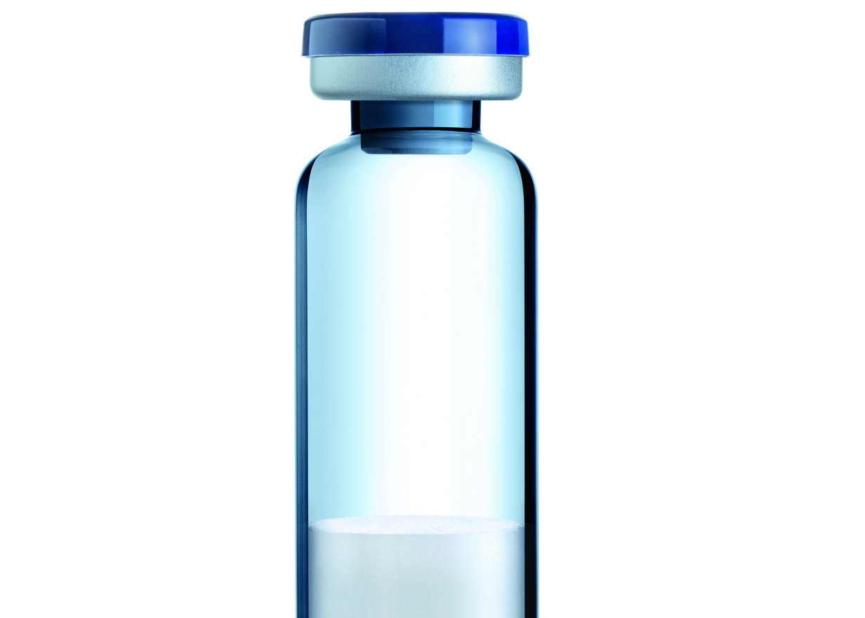 Clear glass vial with white powder inside	