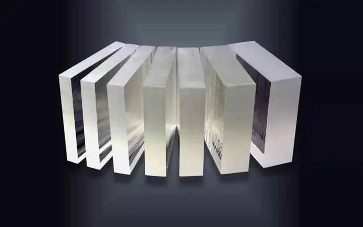 Seven square samples of SUPREMAX® rolled borosilicate glass in different thicknesses