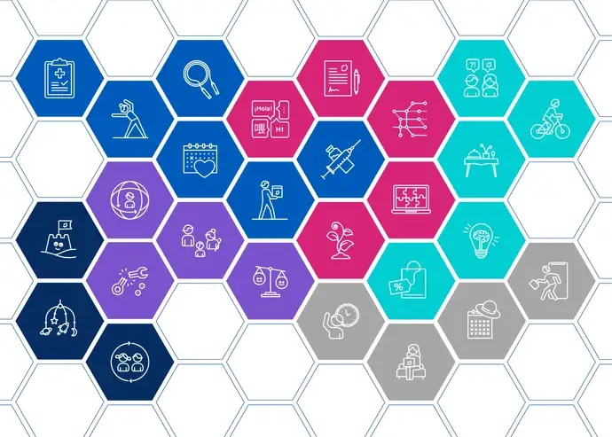 Gráfico modular com ícones mostrando as principais áreas do sistema YourBenefits da SCHOTT