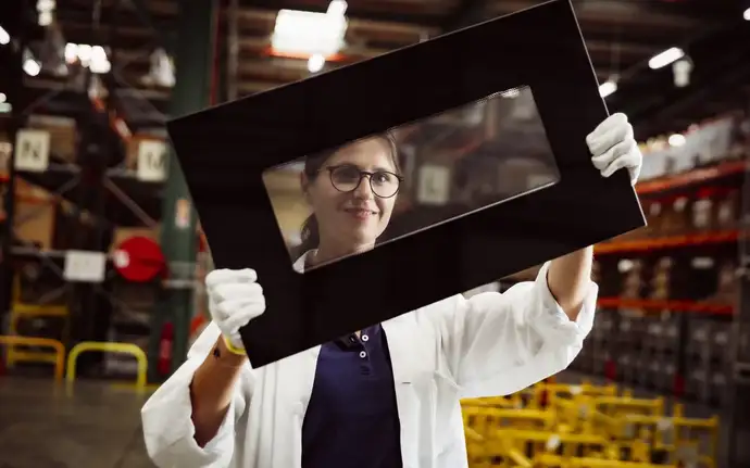 Frau in Arbeitsschutzkleidung (weißer Kittel und Handschuhe) hält ein SCHOTT® micro clear fabric Mikrowellenglas vor sich.