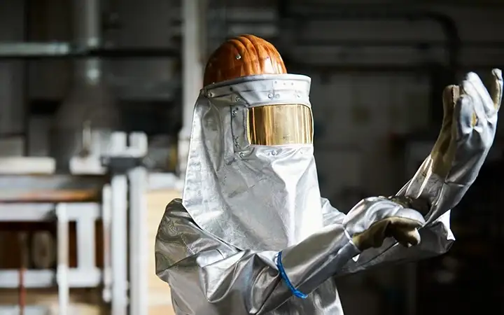 SCHOTT engineer wearing heat-resistant clothing at a production facility