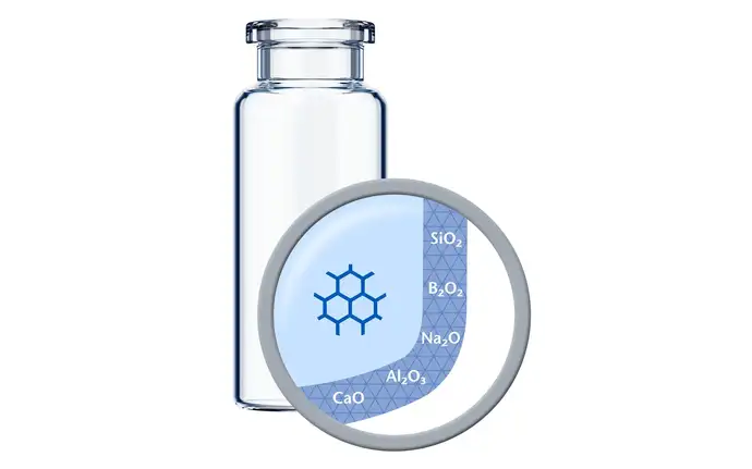 EVERIC® pure glass vial with close up showing the chemical composition of its material