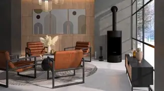 Modern living room with a Oranier pureBLACK stove featuring ROBAX® NightFlame curved, stylish wood and leather furniture.