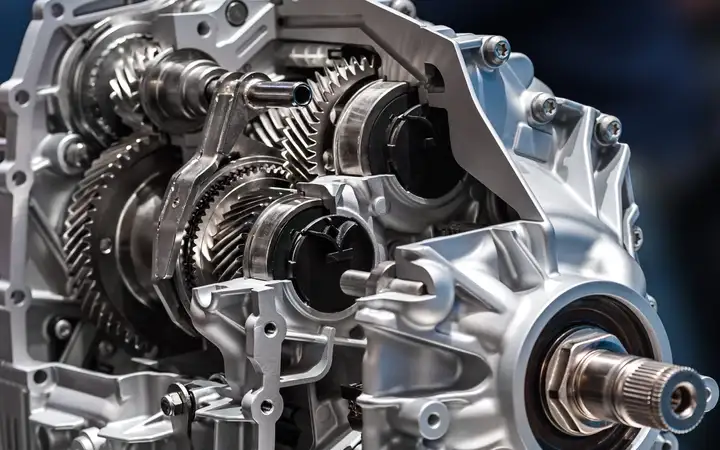 Close up of a clean silver vehicle engine