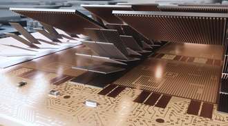 3D rendering of advanced semiconductor packaging showcasing multiple layers of glass-core substrates and dense interconnects, highlighting glass’s ultra-flatness and ability to enable complex chip designs for high-performance, energy-efficient computing.