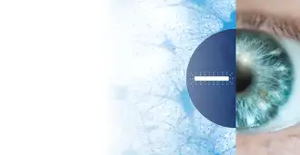 Image of an eye alongside microscopic view of tissue sample with fluorescence icon