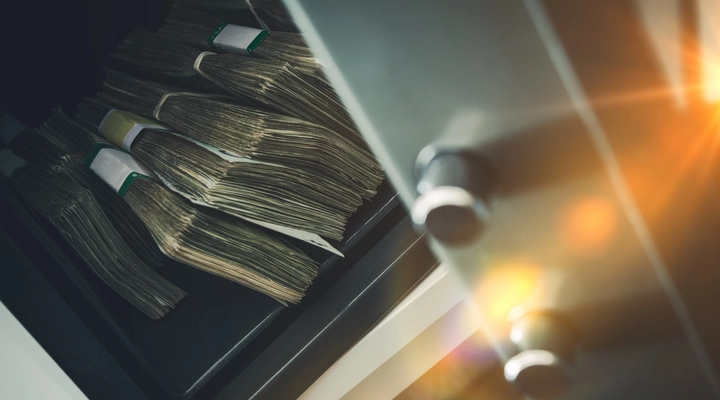 Bundles of bank notes inside a safe