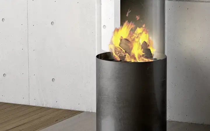 Burning fire in a log burner encased in glass