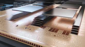 Detailed 3D visualization of layered semiconductor packaging using glass-core substrates, demonstrating how ultra-flat glass supports high-density interconnects and intricate circuit layouts essential for faster, more efficient chips.