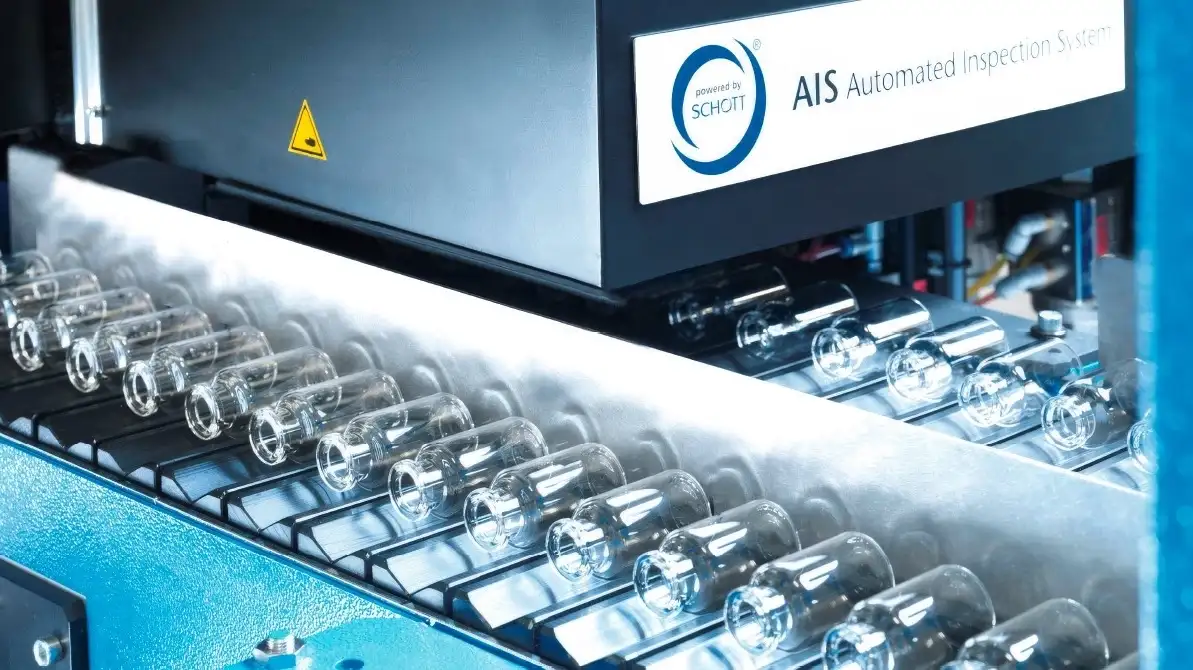 Line of glass vials in the production process