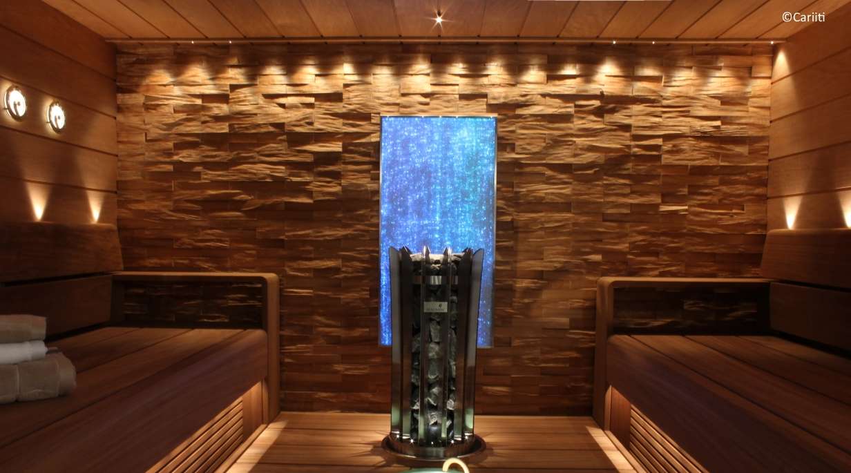 Interior of a sauna with blue glass feature
