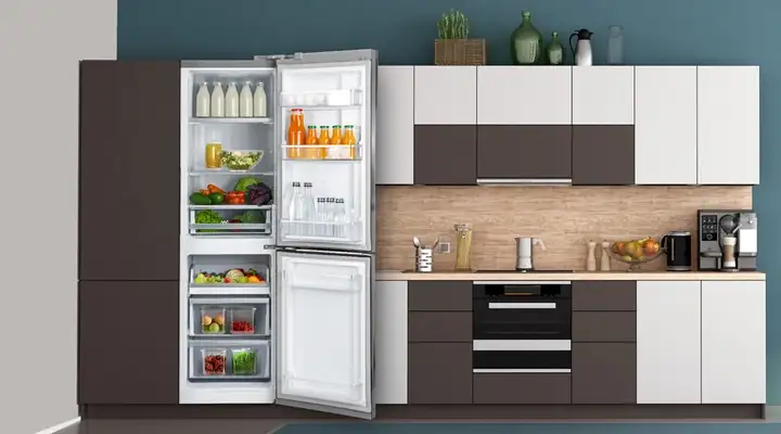 Open a modern refrigerator with glass panels in a sleek kitchen, stocked with fresh fruits, vegetables, jars, and cookware.