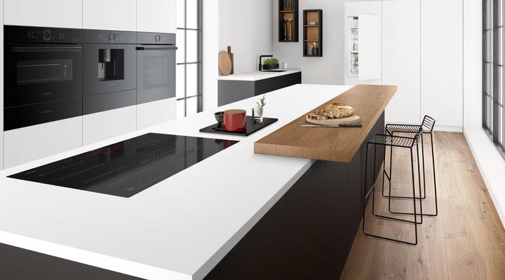 Modern kitchen with white Bosch Series 8 cooktop