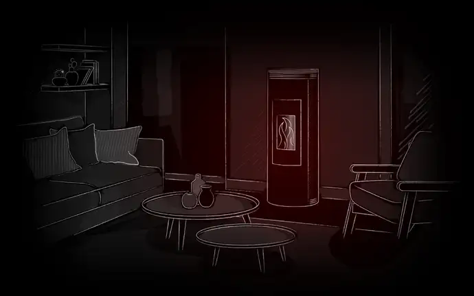 Ilustración de un salón con una estufa de pellets